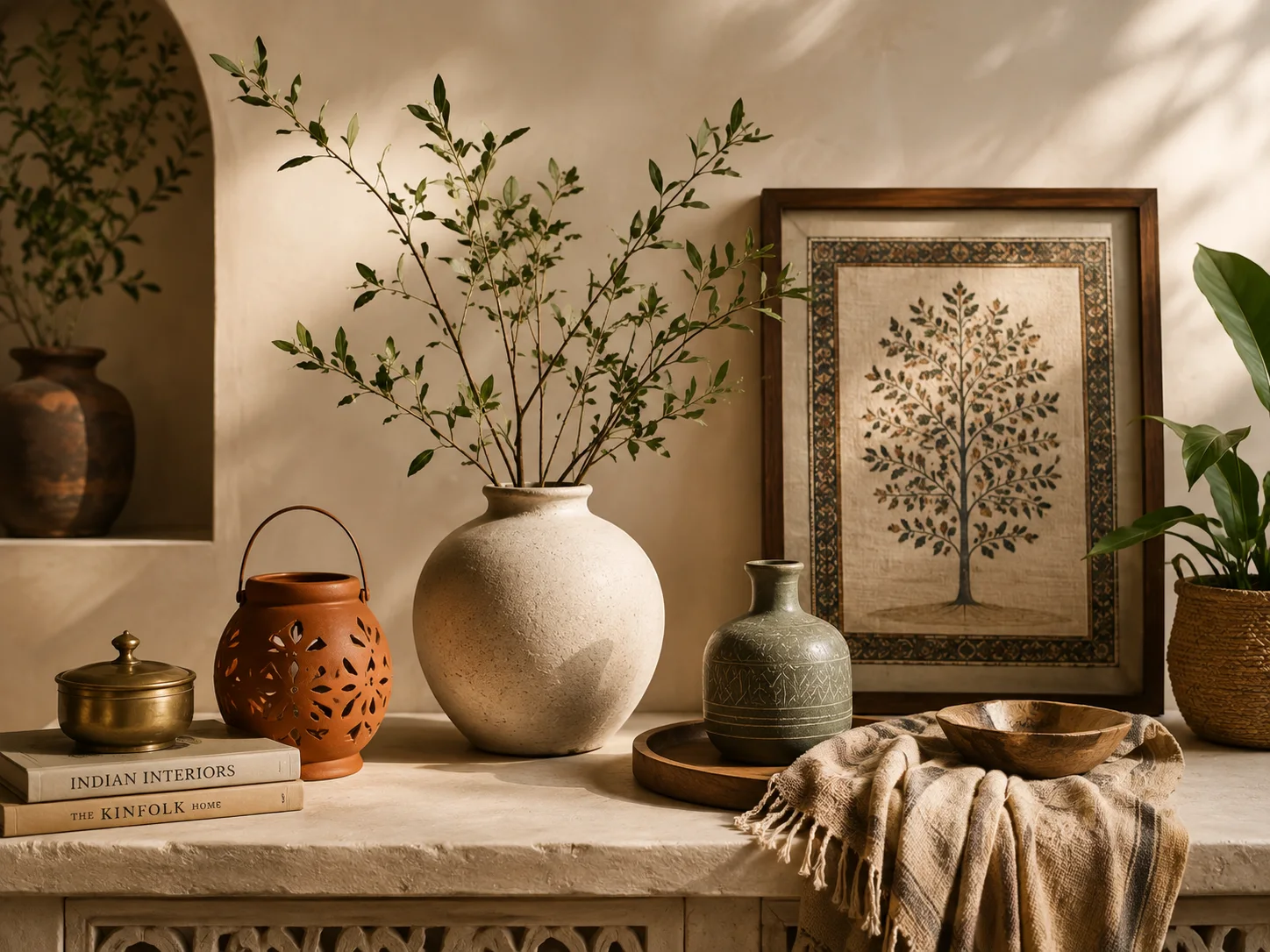 Handmade terracotta, ceramic and brass décor styled on a stone console — a lantern, vases, a framed tree-of-life textile and a wooden bowl